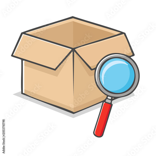 Cardboard box with magnifying glass illustration