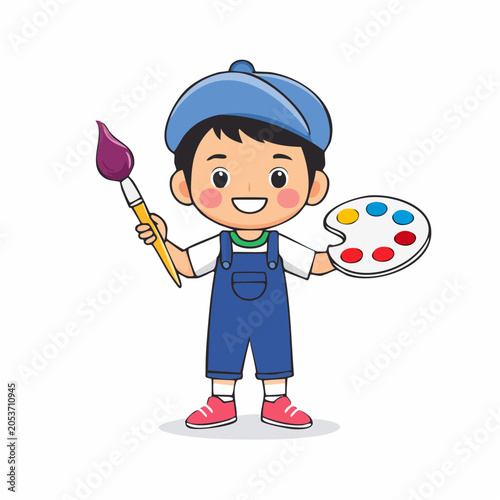 Cute Cartoon Boy Artist with Paintbrush and Palette