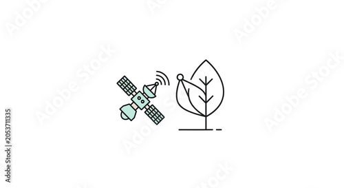 Картината върху платно A minimalist icon showing a satellite transmitting data to a green plant symbol