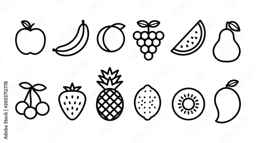 Fototapeta premium Fresh fruit icons set in simple line style illustration