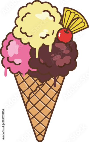 Ice cream corn with three scoops cute cartoon style