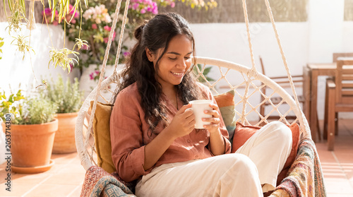 Indigenous woman hangingchair tea balcony relaxing plants peaceful sunny lifestyle Closer composition highlights facial reaction and the central object young woman rests in woven swing holding warm