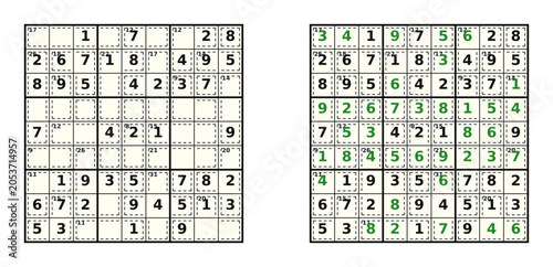Картината върху платно Holiday sudoku puzzle with clear answers and filled grid for gameplay