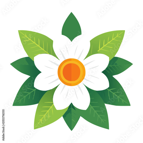 White flower with green leaves flat design illustration