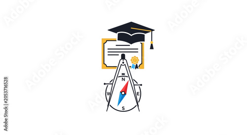 A graduation cap and diploma icon with a navigation compass for academic guidance