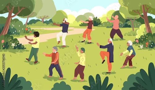 Schilderij op canvas Senior people make tai chi in park