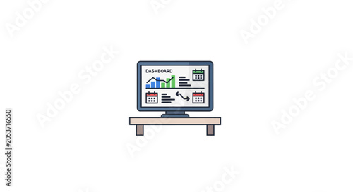 A digital computer monitor displaying a business data dashboard on a wooden desk