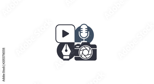 A collection of creative media icons representing digital content production tools