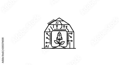 A minimalist line art icon showing a rocket launching from a digital circuit house