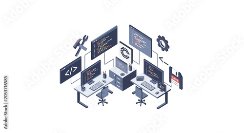 An isometric illustration of a modern software development office workspace