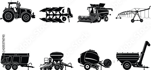 Canvas Print Detailed black silhouette collection of modern agricultural machinery including