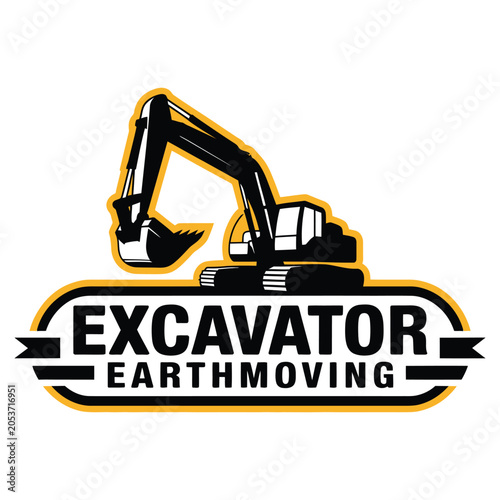 Excavator Earthmoving Logo with Black and Yellow Colors Featuring Construction, Machinery, Heavy Equipment with Vector and Design Elements