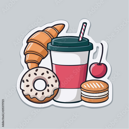 Cute Cartoon Breakfast Pastries and Coffee Cup Sticker