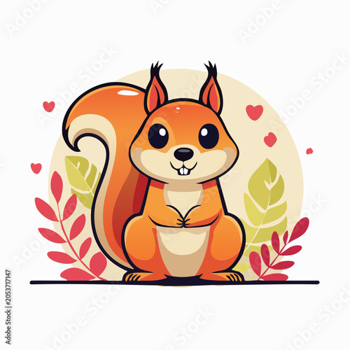 Cute Cartoon Squirrel with Autumn Leaves and Hearts