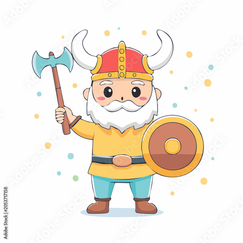 Cute Cartoon Viking Warrior with Axe and Shield