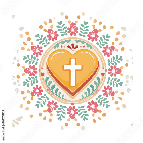 Decorative heart with Christian cross and floral border
