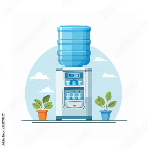 Modern water cooler with plants and bottles