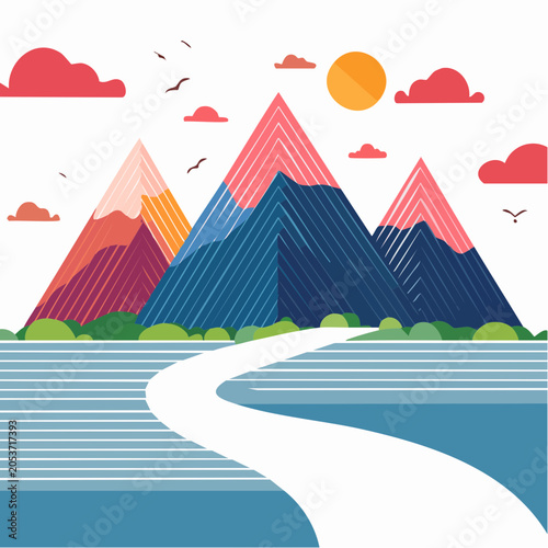 Stylized Mountain Landscape with Winding Path and Sun