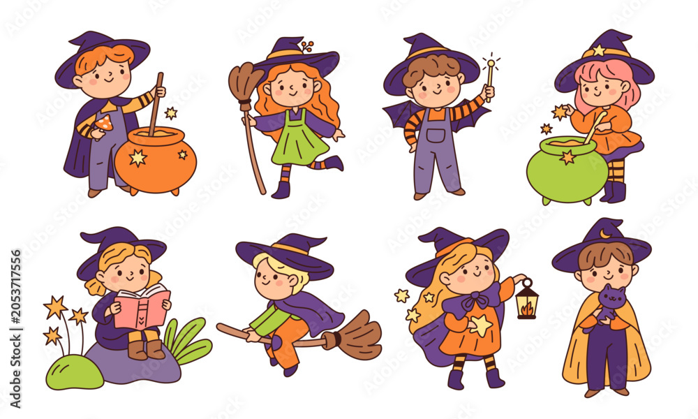 Obraz premium Kawaii little wizards boys. Cute funny children, magicians and witches in costumes with cauldrons, brew potions, conjure, fly on broom scene, halloween, garish vector cartoon isolated set
