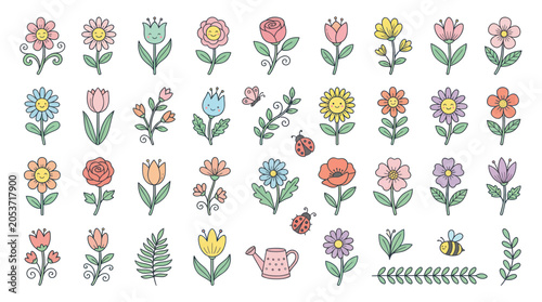 Set of cute hand drawn floral elements and garden icons