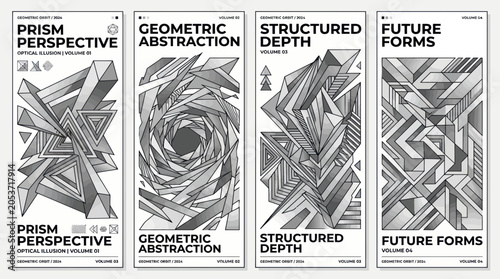 Obraz na plátne Abstract monochrome geometric poster set with three dimensional forms