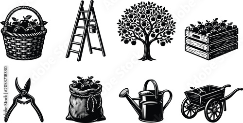 Valokuva Apple Harvesting and Gardening Tools Silhouette Icons for Orchard and Farm Desig