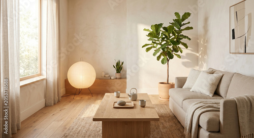 Schilderij op canvas Japandi living room paper lantern fiddle leaf interior design