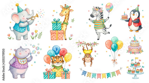 Photography Cute watercolor birthday animals with balloons and gifts