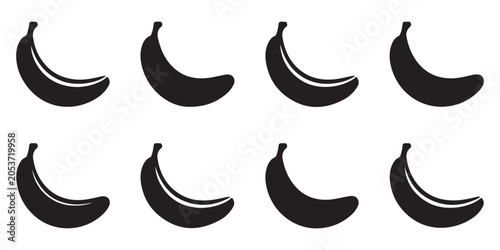 Pattern with repeated silhouette banana icons arranged in grid rows representing tropical fruit harvest background.