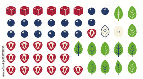 Minimalist grid of food and foliage icons including berries, fruit, and leaves.