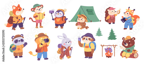 Animals hiking. Cute dressed forest characters, cartoon fauna travellers, outdoor exploration, camping elements, supplies, woodland adventure, tent and campfire, garish vector set