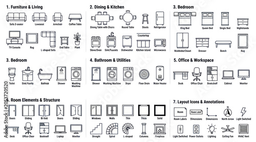 Architectural floor plan icons for interior design and layout