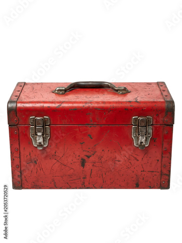 Trunk Red Vintage Metal Travel Chest with Scuffed Surface, Brass Buckles, and Leather Handle, Isolated on White Background