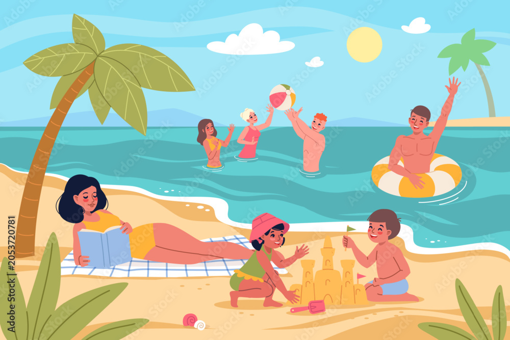 Naklejka premium Summer outdoor activities. People on beach vacation, swimming with inflatable ring, palm trees, seashore landscape, sandcastle building, water activities classy vector cartoon flat concept