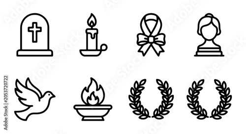 Photography Funeral Icons Set, Memorial Symbols Vector Collection, Grief and Remembrance Gra