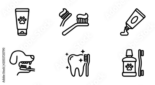 Cuadro en lienzo Pet Dental Care Icons: Toothpaste, Brushing, Dog, Tooth, Mouthwash Vector Set