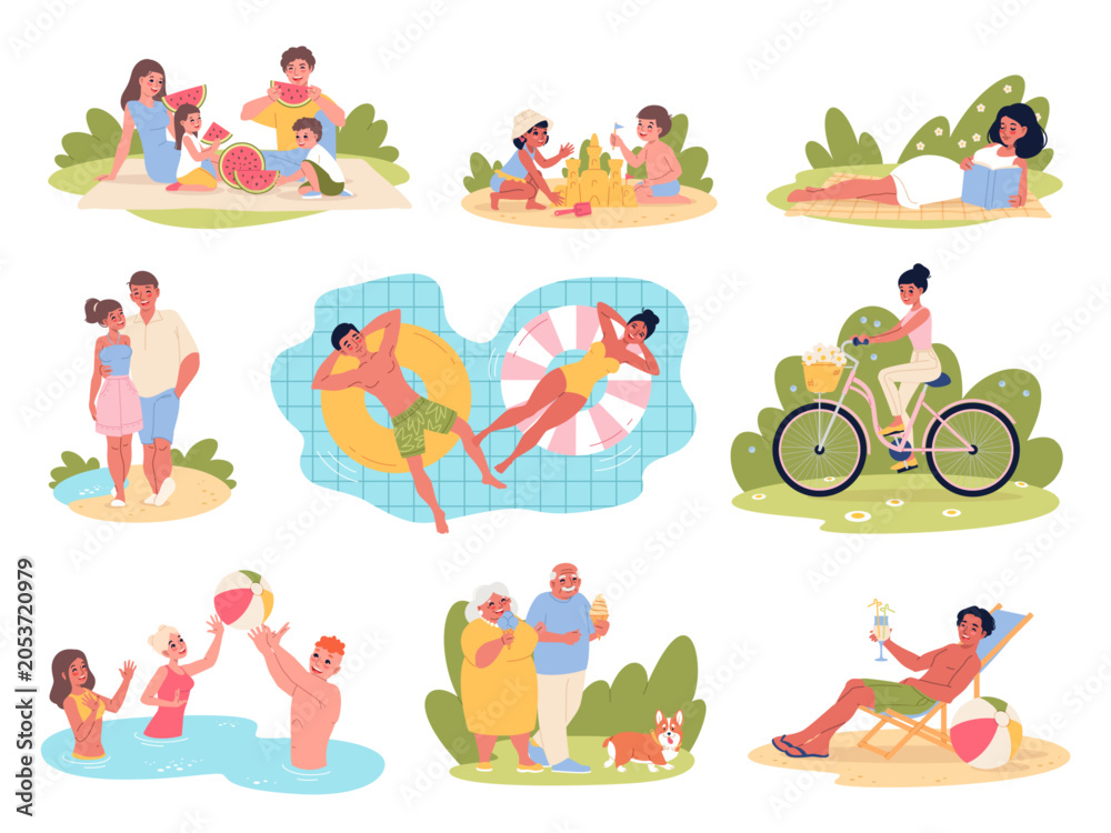 Fototapeta premium Summer activities people. Family leisure, vacation vibe, beach holiday, couple walking, slow living persons, kids playing, people relaxing, swimming, cycling classy vector cartoon flat set