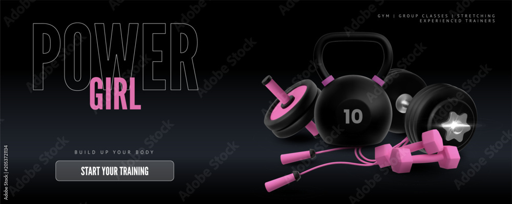 Fototapeta premium Power girl landing page 3D vector design, realistic gym fitness sport equipment, barbell, kettlebell dumbbell, jump rope