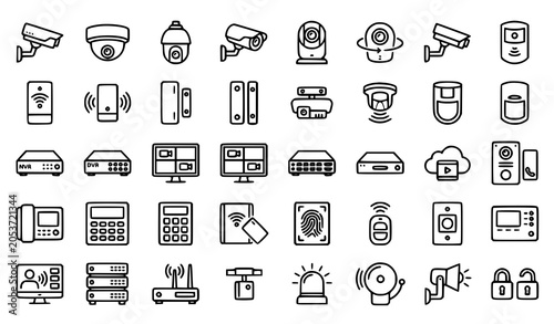 Obraz na płótnie Video surveillance and intrusion alarm icon set with CCTV cameras motion sensors