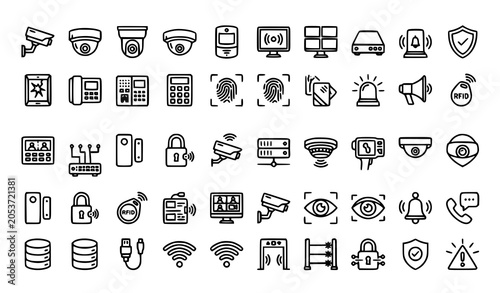 Fotografie Surveillance and intrusion detection monoline icon set with cameras sensors moni