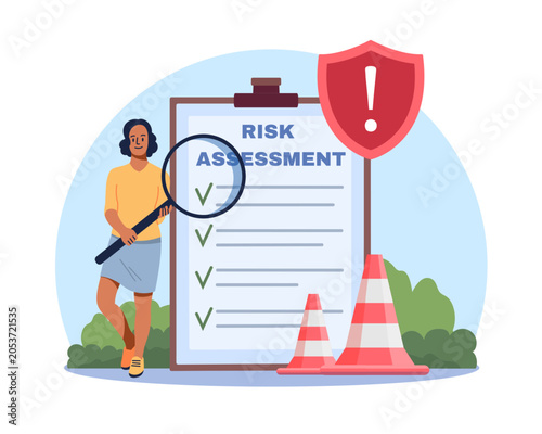 Risk management. Specialist examines contract point by point, hazard assessment, business with audit document, warning shield and safety cones, approval standards vector cartoon flat concept