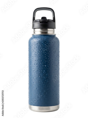 Water Bottle with Handle and Nozzle, Blue Metal Insulated Bottle with Condensation Droplets on Surface, Isolated on White Background