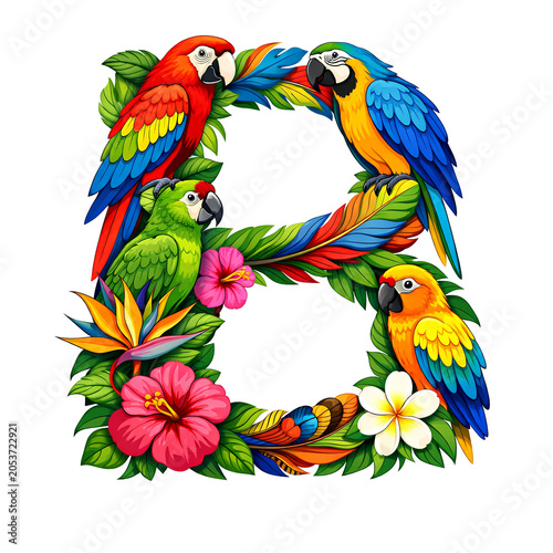 Tropical bird letter B T shirt design vector illustration.