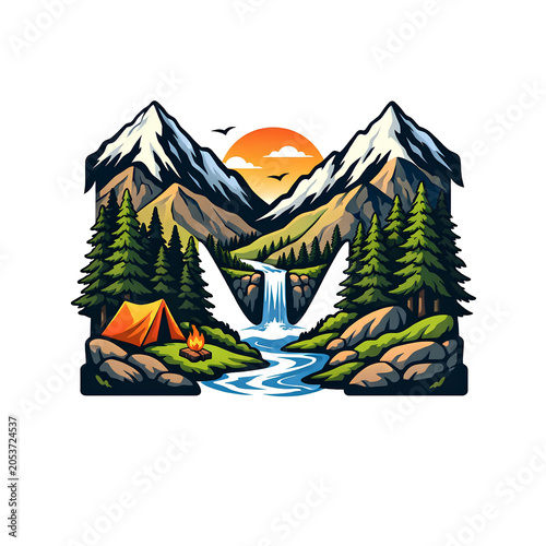Mountain forest letter M T shirt design vector illustration.