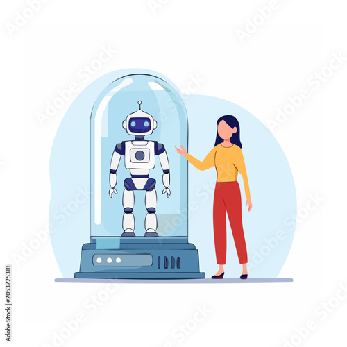 Woman presenting robot in display case
