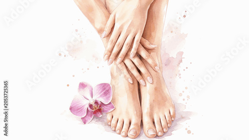 Schilderij op canvas Gentleness Hands and Feet of Beauty isolated watercolor vector illustration svg