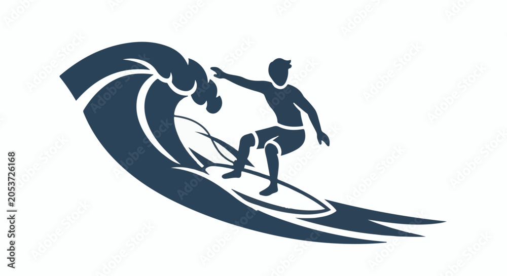 Fototapeta premium Stylized silhouette of a surfer riding a large wave, emphasizing motion and water spray