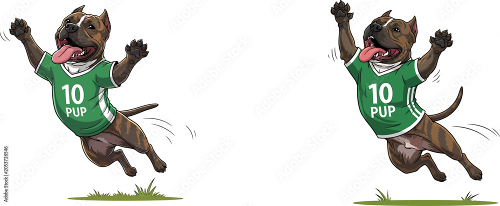 Fototapeta premium Two brown pitbull dogs wearing green sports jerseys jumping on grass