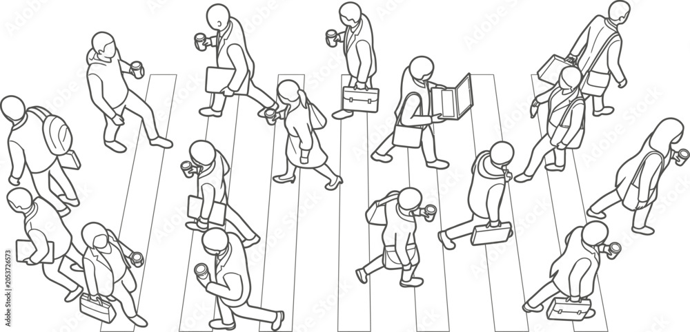 Fototapeta premium Group of diverse busy office workers walking across a white pedestrian crosswalk in isometric view