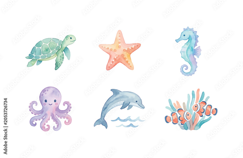 Fototapeta premium Watercolor ocean element icons collection on white background